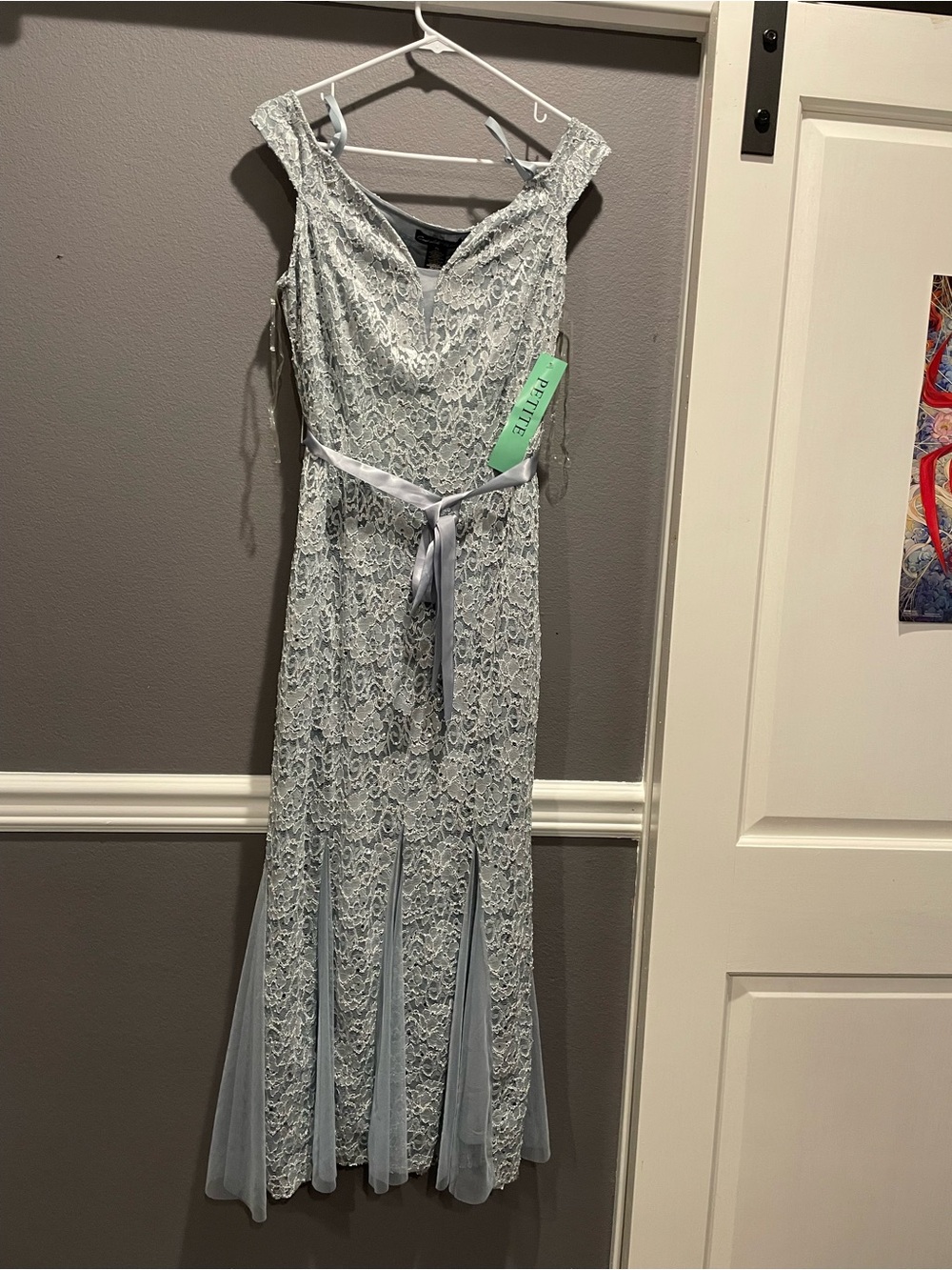 Light Blue Lace Maxi Dress with Satin Waist Tie